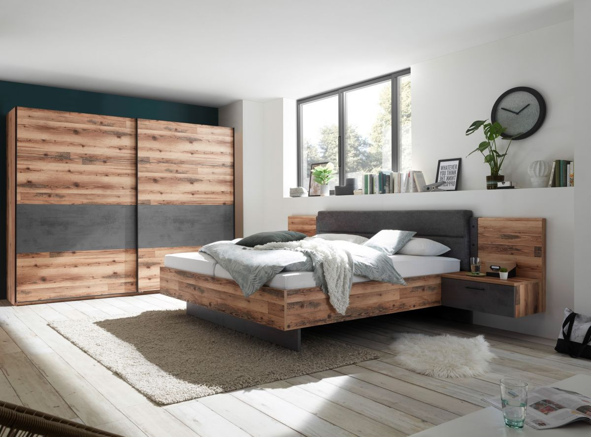 Schlafzimmer Komplett Set 4-Tlg. Alicante Bett 180 Kleiderschrank  Schwebetüren 270 Cm Nachtkommoden Braun Grau Alpine Lodge throughout Komplettes Schlafzimmer Günstig